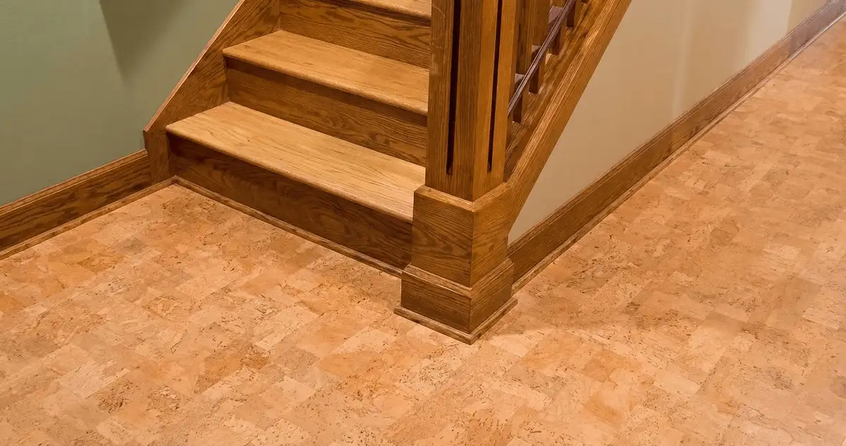 End of a staircase with cork flooring in San Antonio, TX