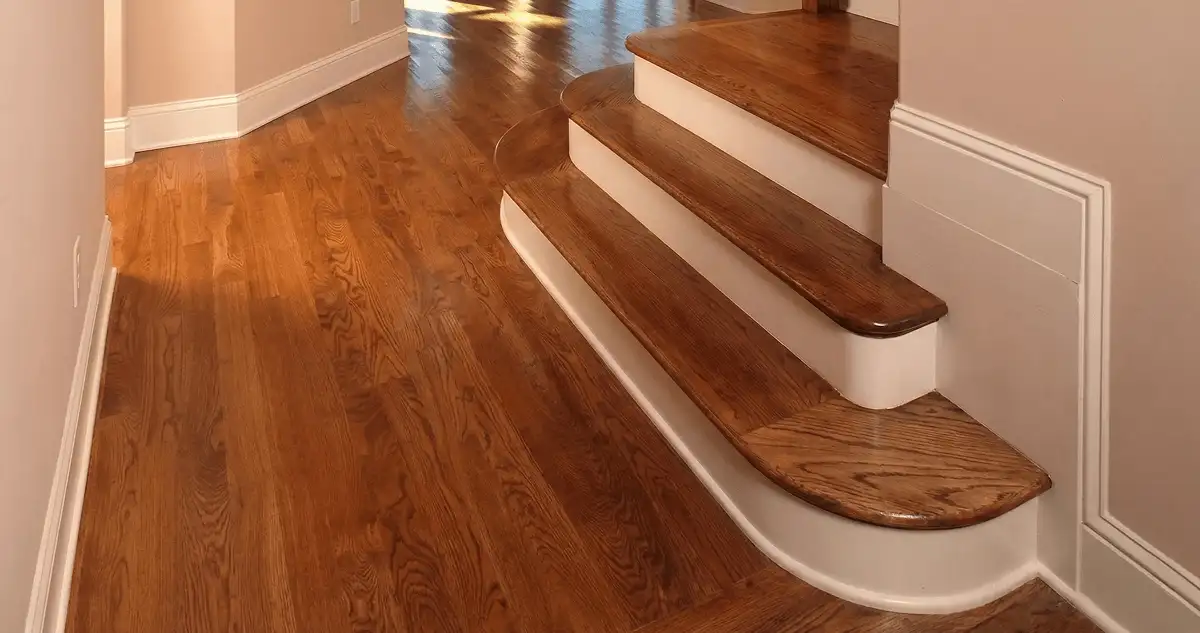 Base floor of a staircase with professionally restored wood flooring in San Antonio TX