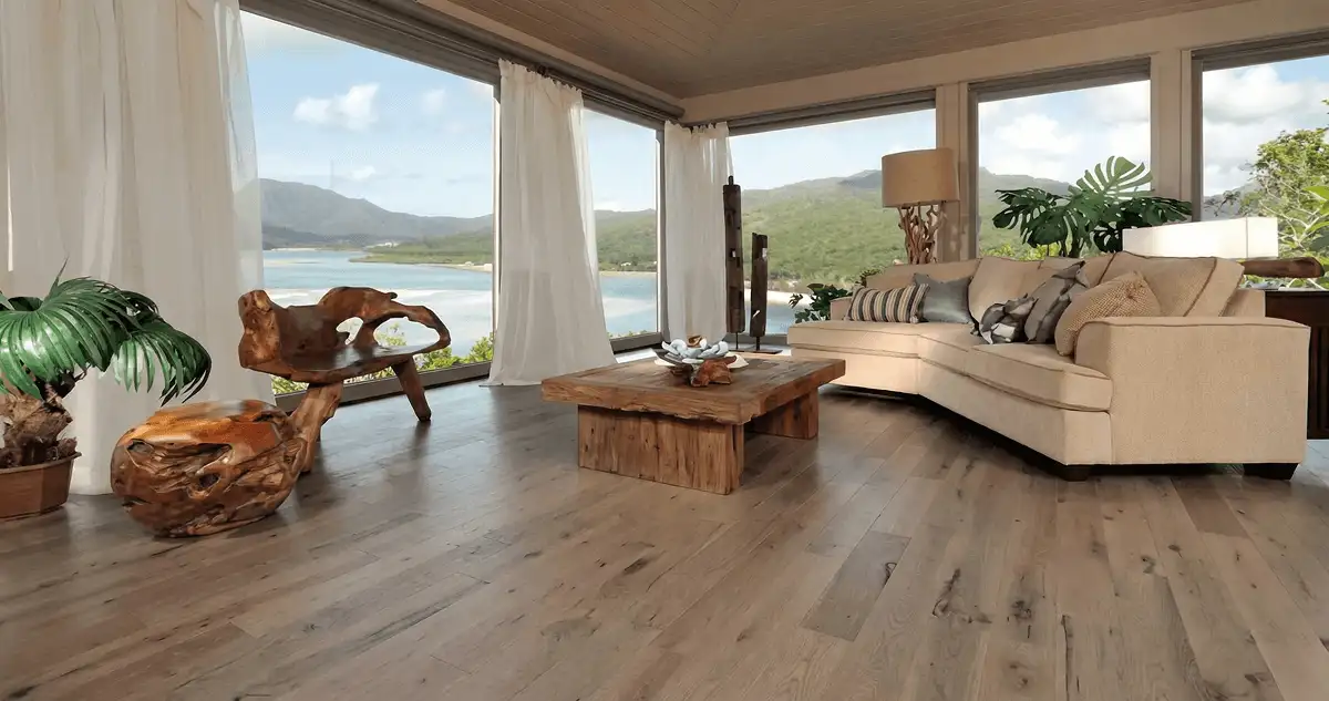 Professionally installed vinyl flooring in a modern living room with large windows in San Antonio, TX